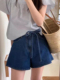 韩国chic夏季 小众复古系带蝴蝶结高腰百搭显瘦A字阔腿牛仔短裤 女