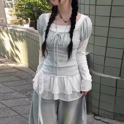 圆领系绳拼接假两件长袖短款T恤