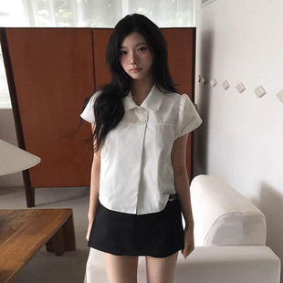新款 女夏季 小众百搭宽松休闲上衣 衬衫 良良家学院风双排扣纯色短袖