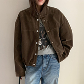 新款 小众复古皮革绒暗扣百搭长袖 外套女2025秋季 立领宽松夹克上衣