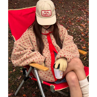 韩国chic冬季 羊羔毛棉服短外套女 小众复古翻领两面穿爱心提花长袖