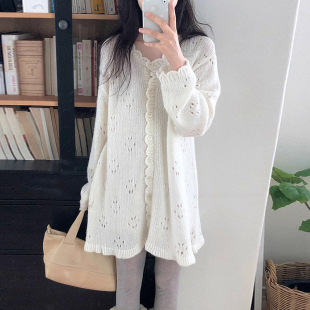 韩国chic秋季 云朵边针织连衣裙女 温柔气质镂空提花单排扣软糯长袖
