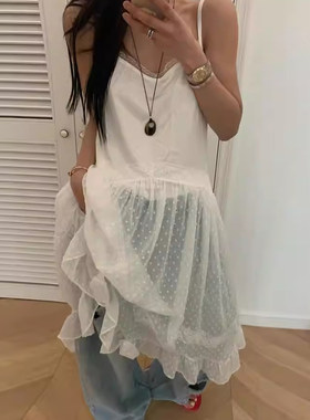 拼接蕾丝波点网纱吊带裙连衣裙女