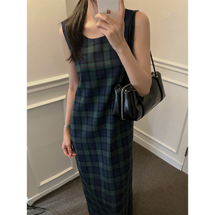 韩国chic秋季 背心连衣裙长裙女 复古小众圆领宽松后背开叉格子无袖
