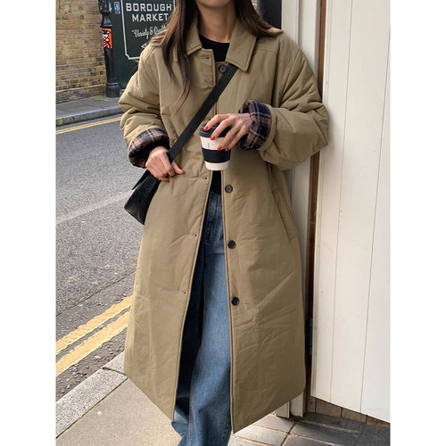 高级感内里格纹单排扣棉服外套