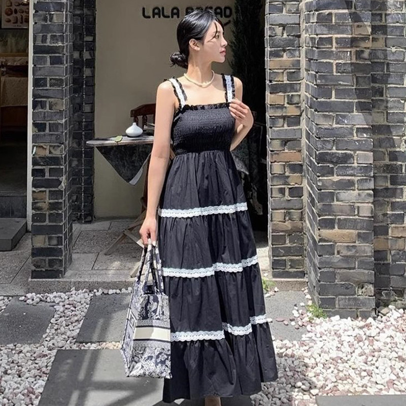 法式度假风蕾丝拼接吊带连衣裙女
