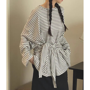上衣 宽松慵懒风打底衫 设计感系带收腰显瘦条纹T恤女2025秋季 新款