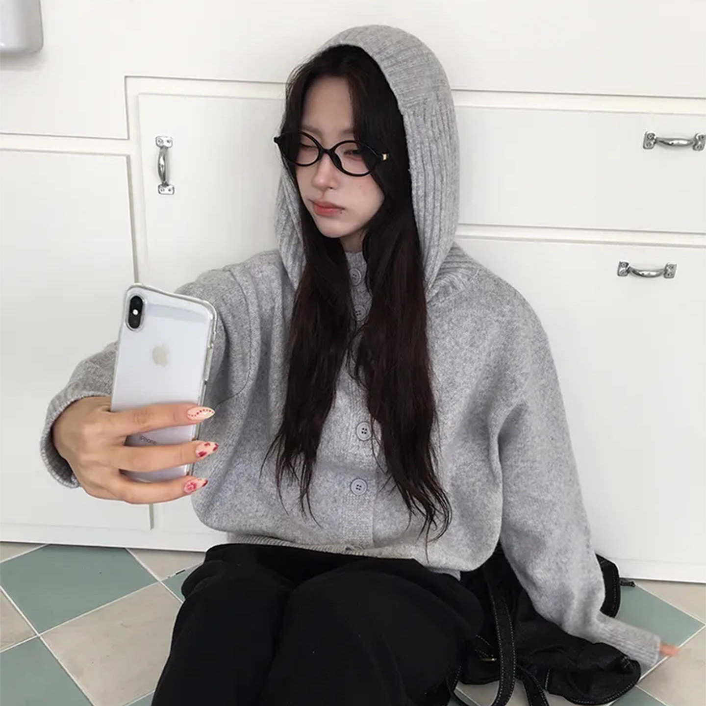 单排扣连帽针织开衫毛衣外套