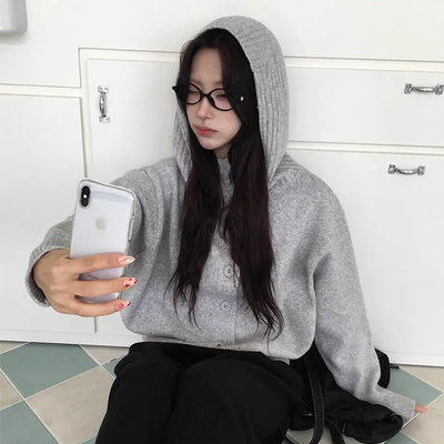 单排扣连帽针织开衫毛衣外套