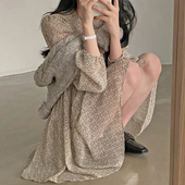 短款 良良家春季 温柔气质圆领宽松休闲压褶长袖 微透碎花连衣裙女