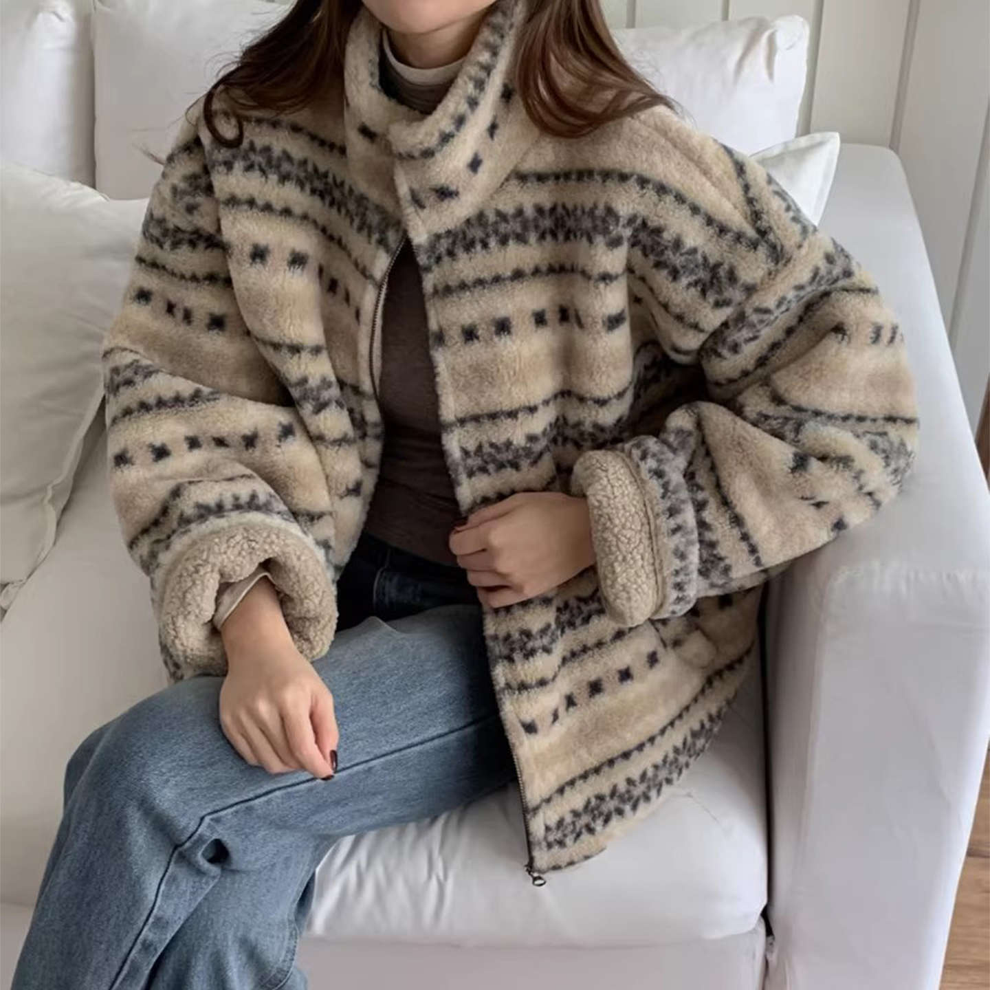 复古撞色提花保暖羊羔绒棉服外套