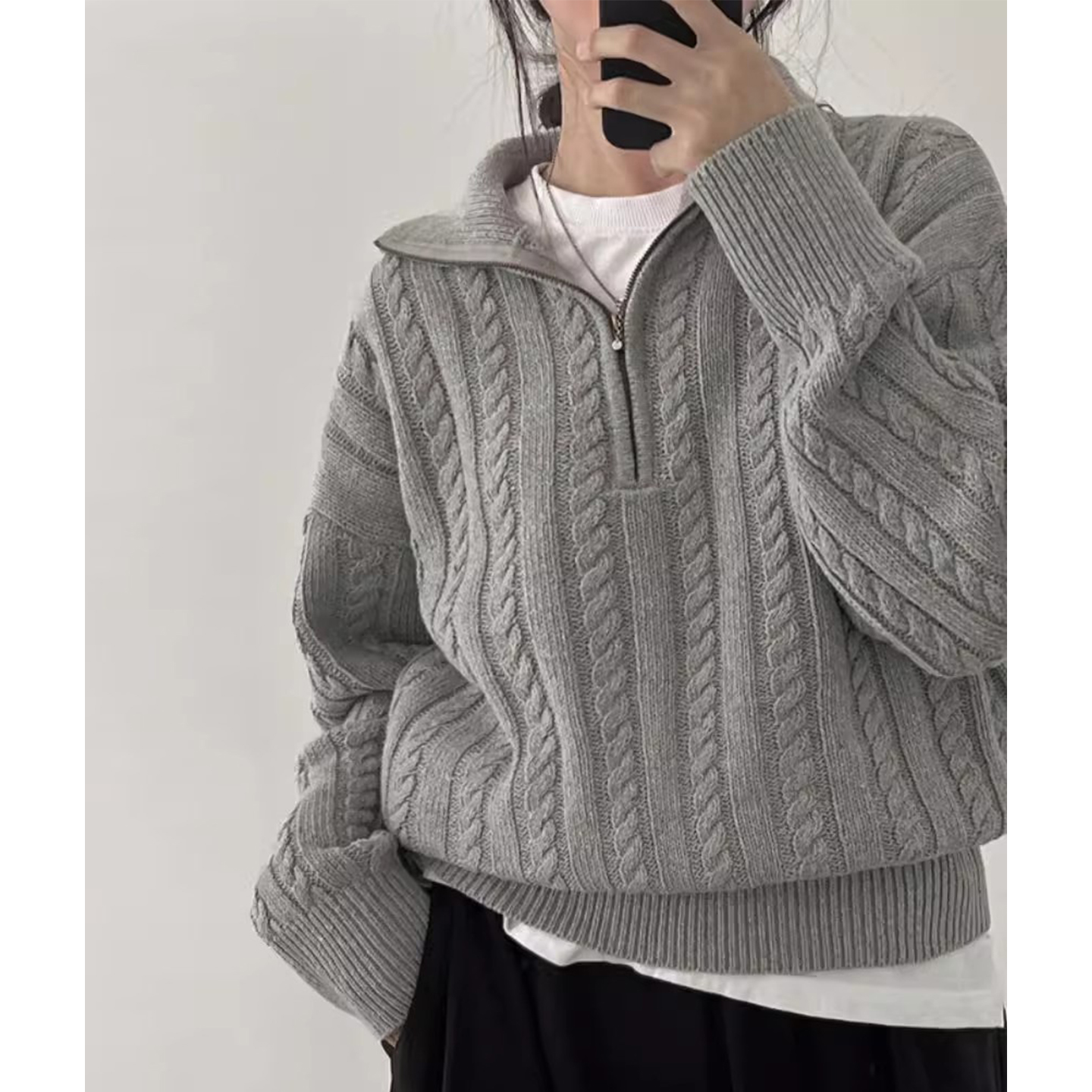 慵懒风半拉链厚实百搭麻花针织衫女2025冬季新款宽松休闲纯色毛衣