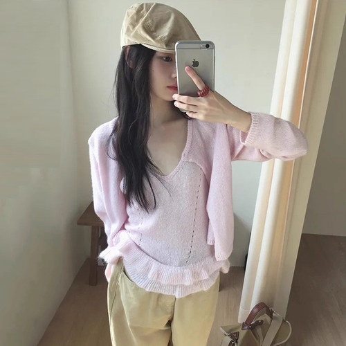 荷叶边吊带女+针织开衫毛衣外套