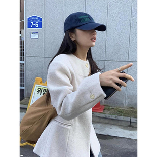 韩国chic春季 呢子外套女 气质小香风圆领单排扣收腰百搭小个子长袖