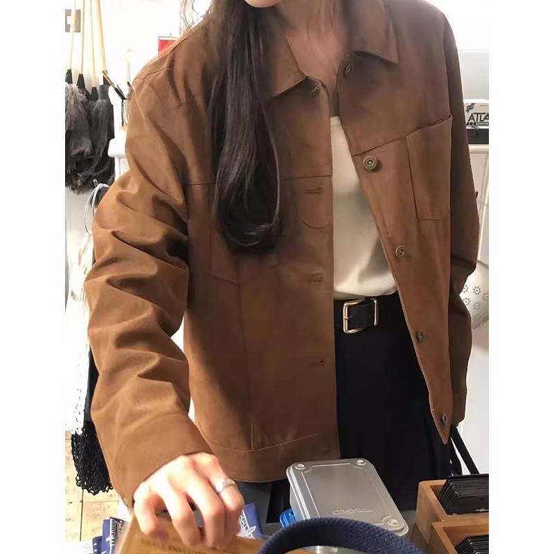 韩国chic秋季美式复古翻领双口袋宽松百搭长袖做旧工装夹克外套女