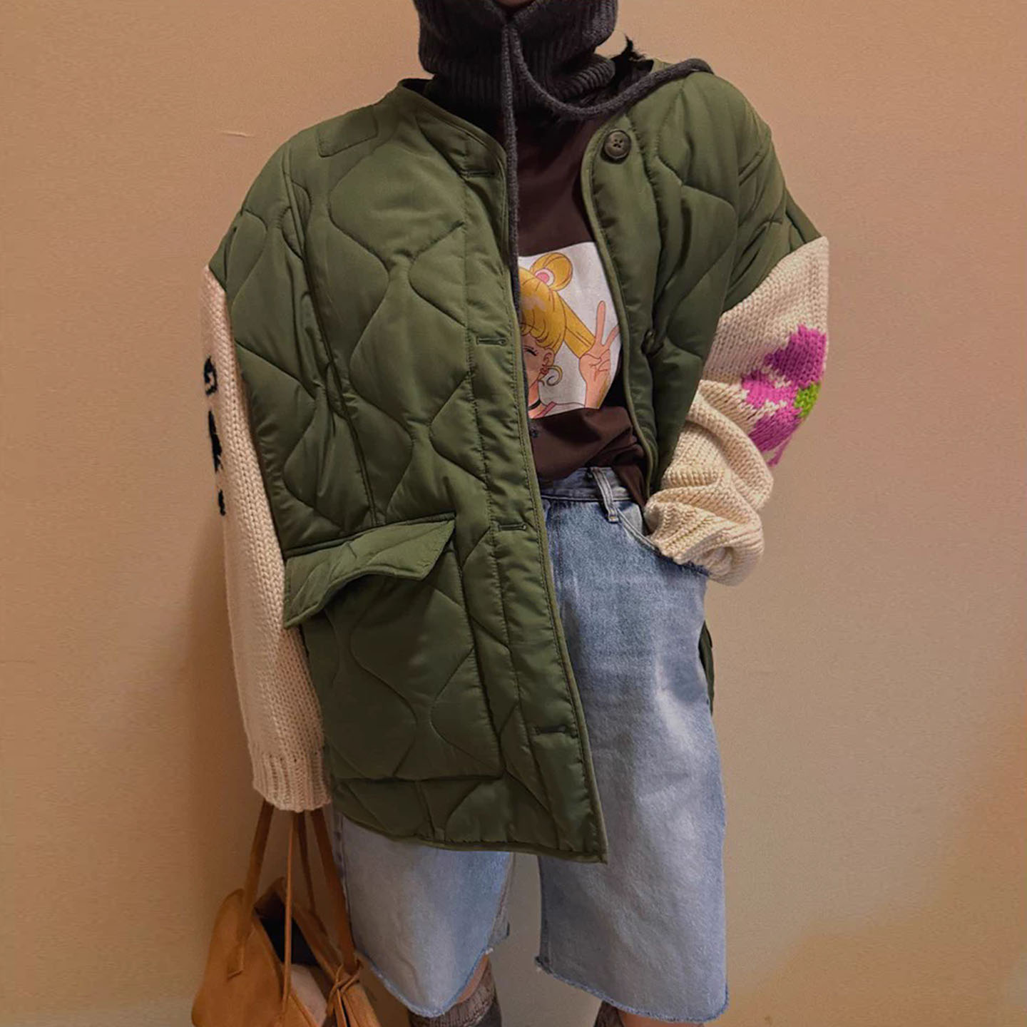 设计感拼接蝴蝶结印花棉服外套