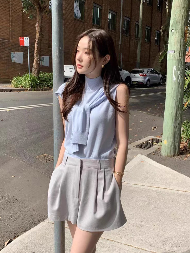 韩国chic夏季复古小众半高领无袖针织衫背心+高腰压褶短裤两件套,女装/女士精品,时尚套装,淘宝优惠券,粉丝福利购,淘宝优惠卷