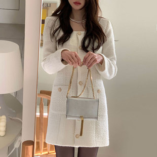 韩国chic温柔小香风方领别致金属单排扣口袋设计长袖 粗花呢连衣裙