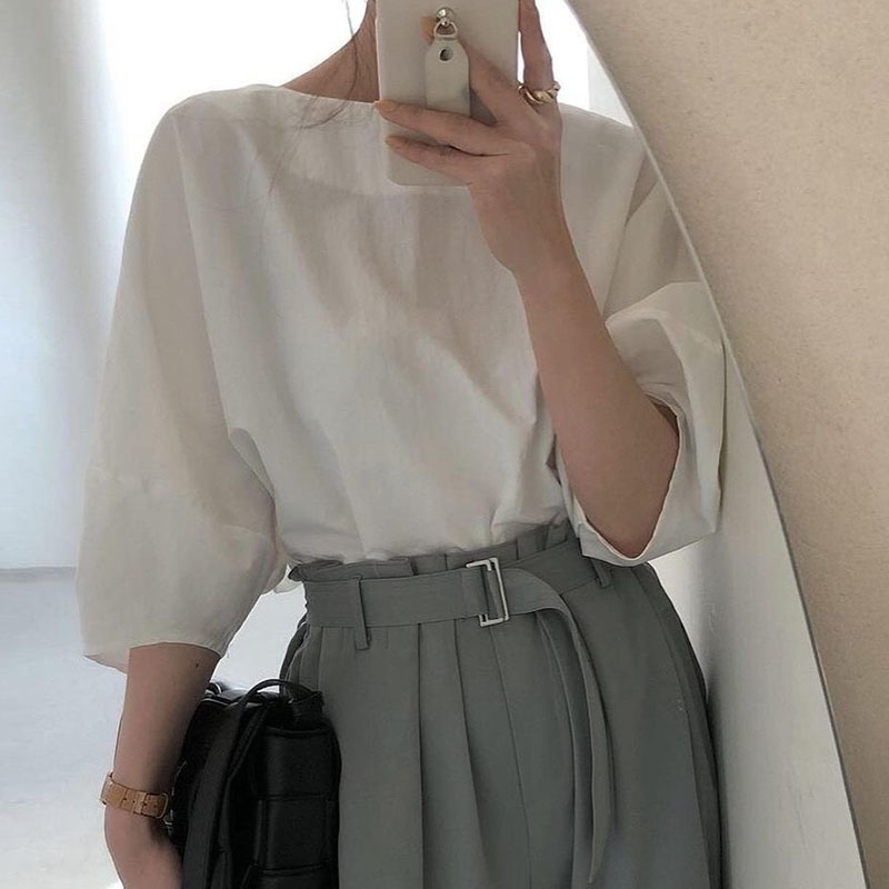 chic圆领宽松泡泡袖纯色休闲衬衫
