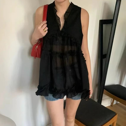 木耳边拼接V领无袖微透连衣裙女