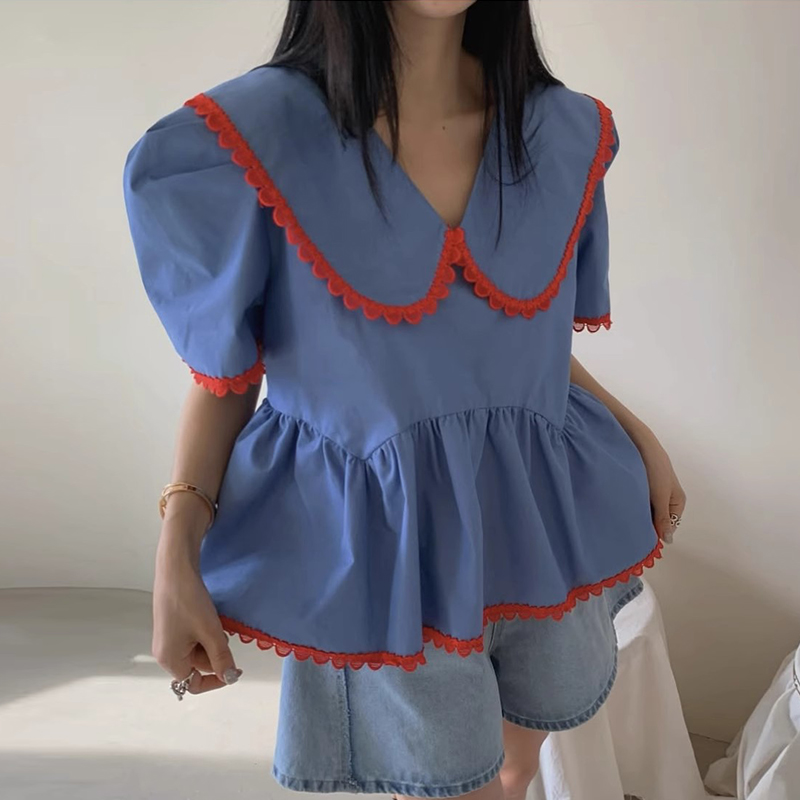 韩国chic夏季新款甜美减龄娃娃领配色点缀宽松百搭泡泡袖衬衫上衣