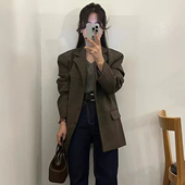 新款 美拉德色系翻领单排扣麂皮绒西装 外套女早春季 宽松百搭上衣