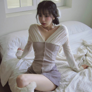 上衣 显瘦打底衫 芭蕾风撞色拼接不规则T恤女早春季 温柔气质修身