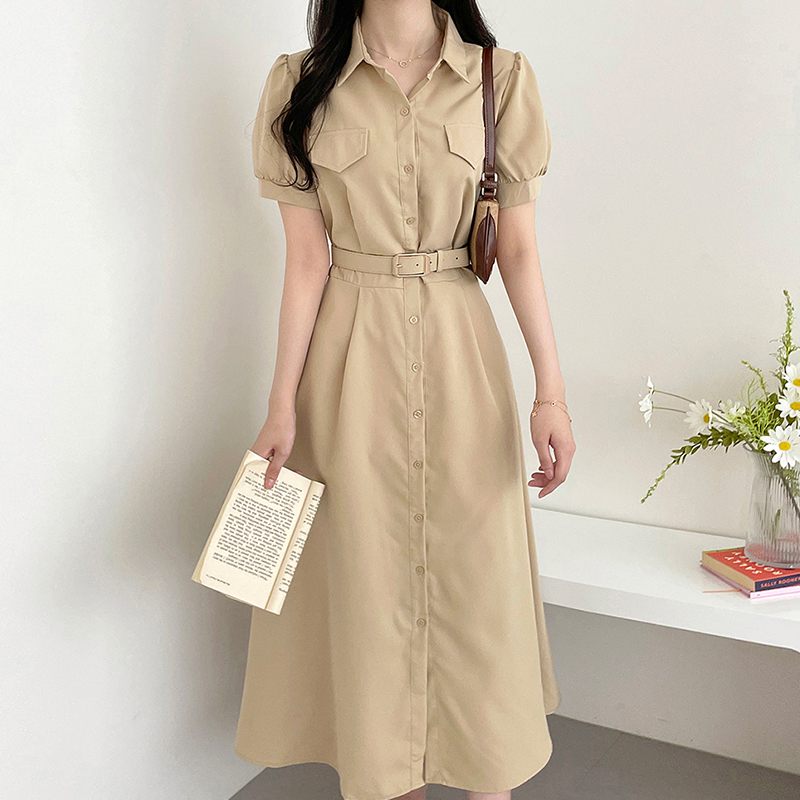 chic翻领假口袋收腰泡泡袖连衣裙