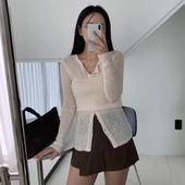 圆领单排扣百搭长袖 套装 针织衫 叠穿抹胸吊带衫 短款 韩国chic秋季