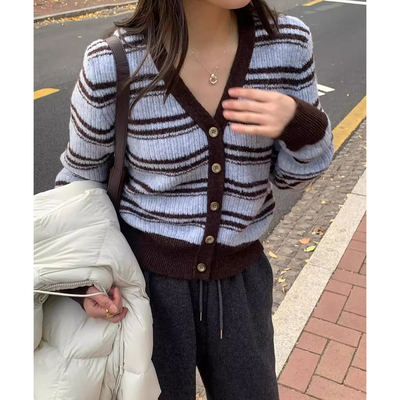 复古小众撞色竖条纹针织开衫外套