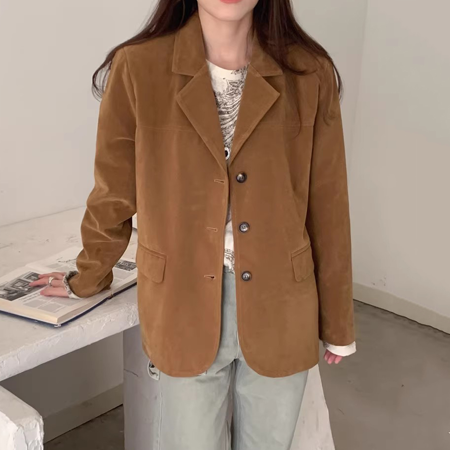 复古翻领单排扣鹿皮绒西装外套