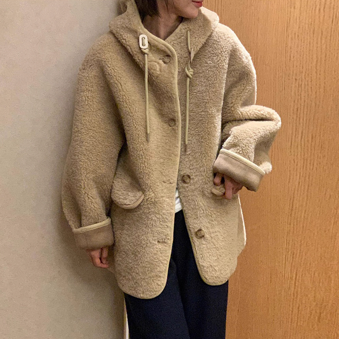 复古风单排扣连帽羊羔毛外套女