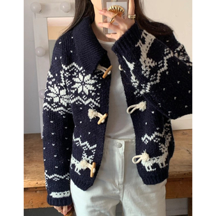 复古减龄重工提花牛角扣毛衣外套女2025冬季新款小众针织开衫上衣