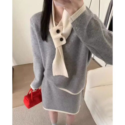 复古撞色软糯针织毛衣女2025秋冬新款高腰A字半身裙配围脖三件套