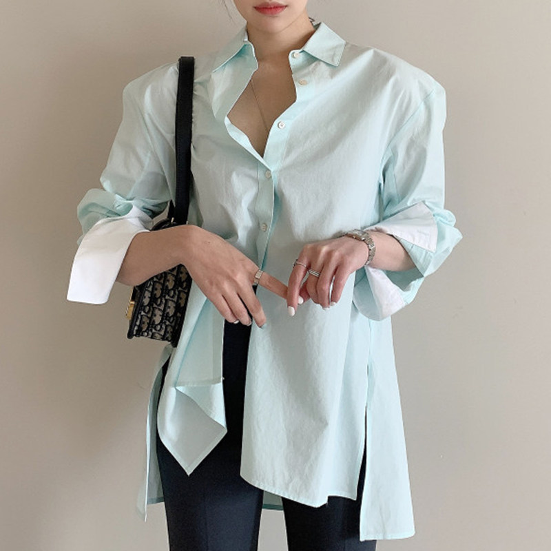 韩国chic夏季小众薄荷绿翻领单排扣宽松不规则开叉撞色长袖衬衫女