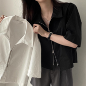 上衣女 衬衫 韩国chic夏季 复古百搭翻领双拉链设计宽松休闲纯色短袖