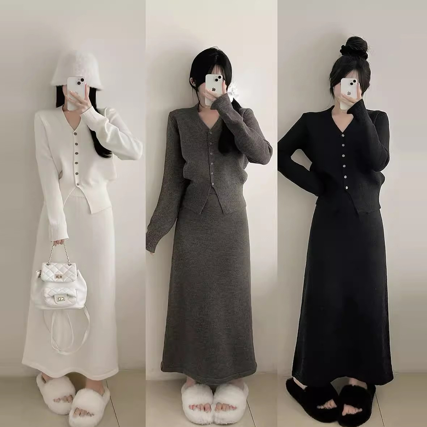 针织开衫外套+高腰显瘦半身裙