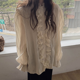 减龄刺绣提花拼接蕾丝花边点缀衬衫女2026早春新款宽松打底衫上衣