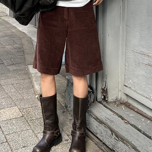 子女 短裤 韩国chic秋冬复古慵懒风高腰显瘦百搭灯芯绒五分裤 休闲裤