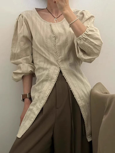 拼接花边设计百搭条纹长袖衬衫