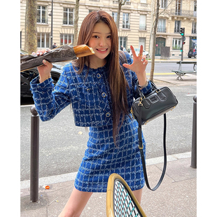 韩国chic秋冬新款小香风粗花呢短款外套＋高腰显瘦半身裙套装女
