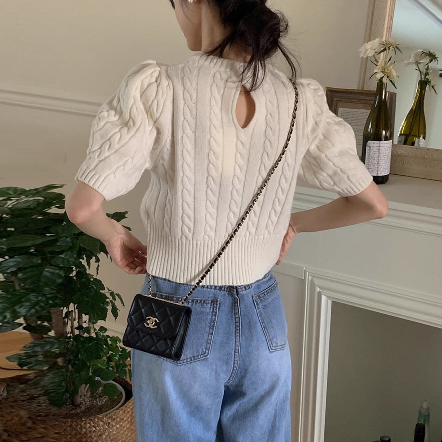 韩国chic秋季新款小众百搭后背镂空设计感麻花纹短袖针织衫毛衣女