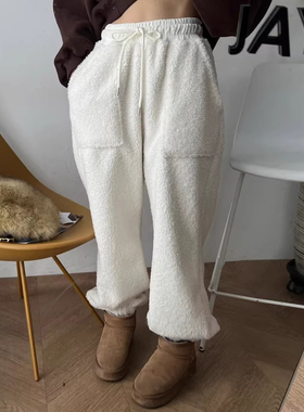 小众百搭摇粒绒保暖羊羔毛束脚裤女2025冬季新款高腰抽绳休闲长裤