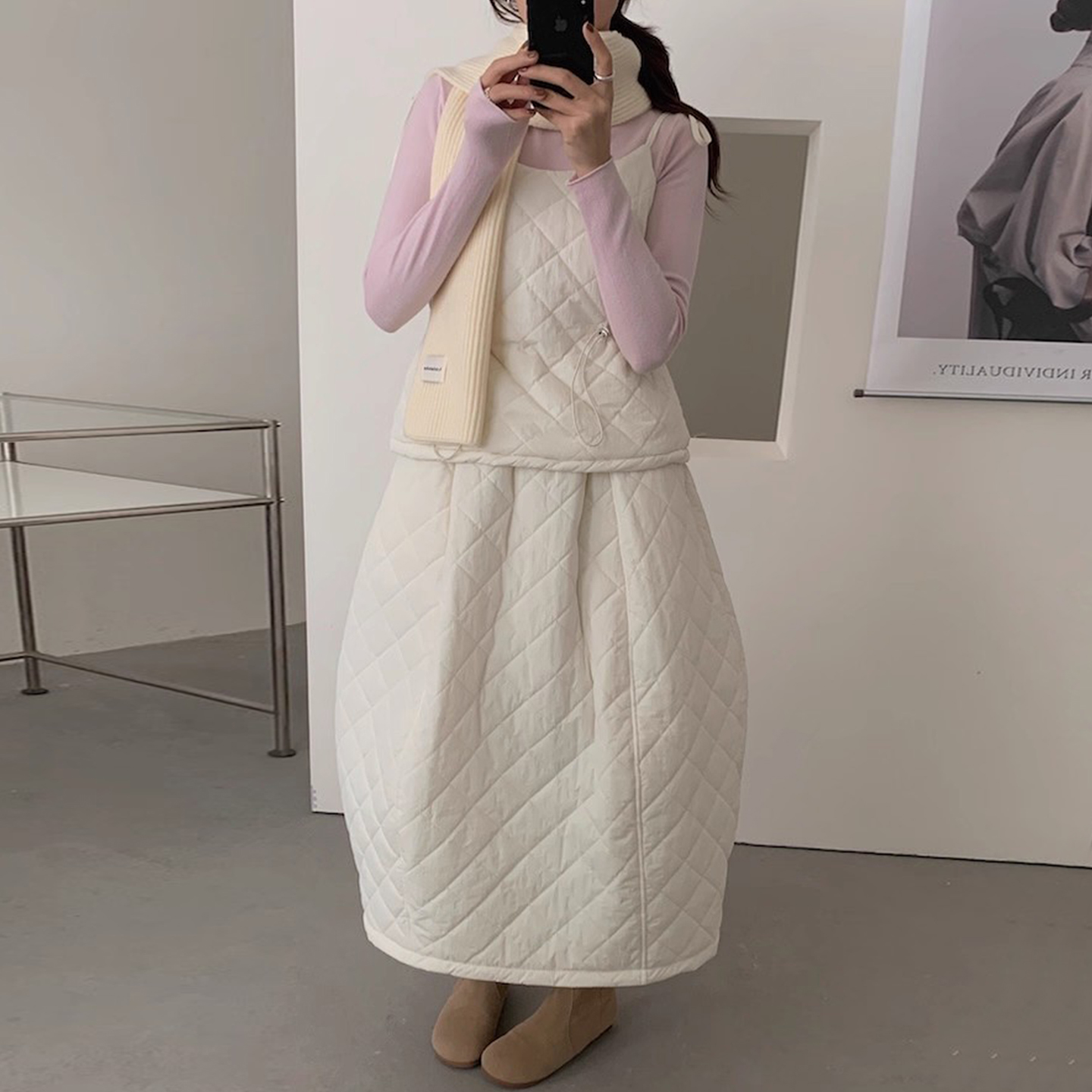 打底上衣+菱格吊带+花苞半身裙