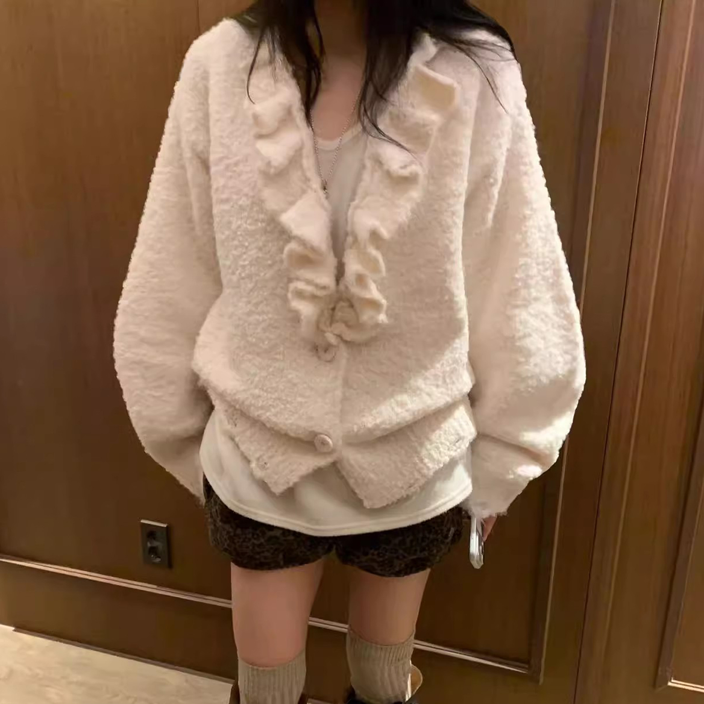 拼接木耳花边针织开衫外套