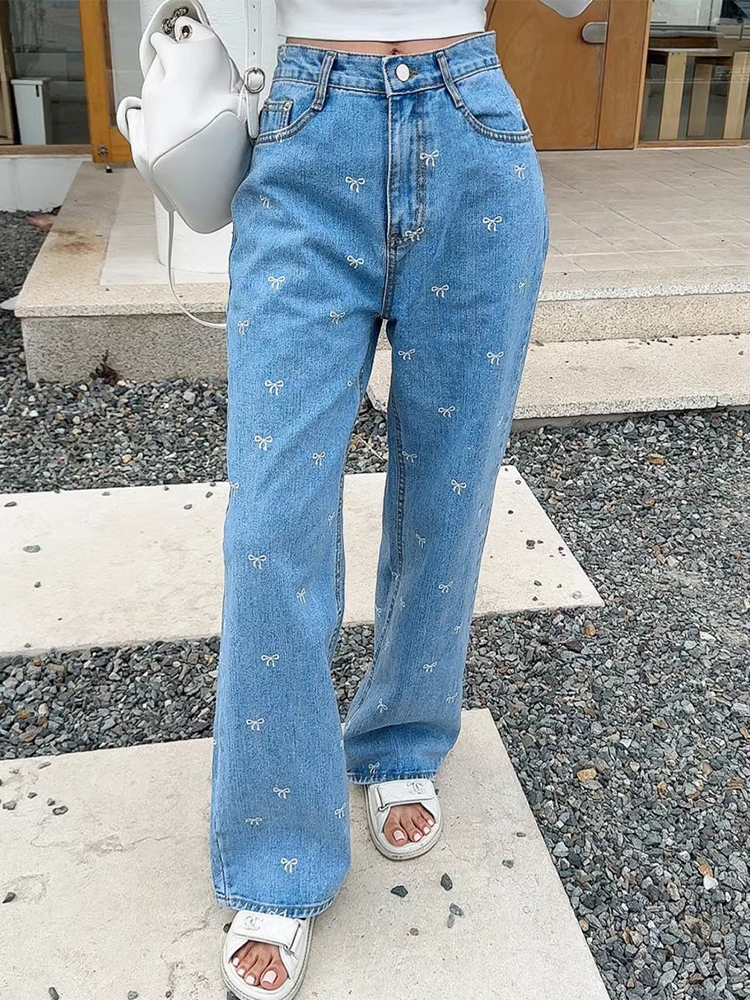 蝴蝶结破洞高腰直筒牛仔裤长裤