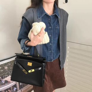 韩国chic早秋复古气质翻领暗扣百搭短款 毛织披肩两件套 牛仔上衣