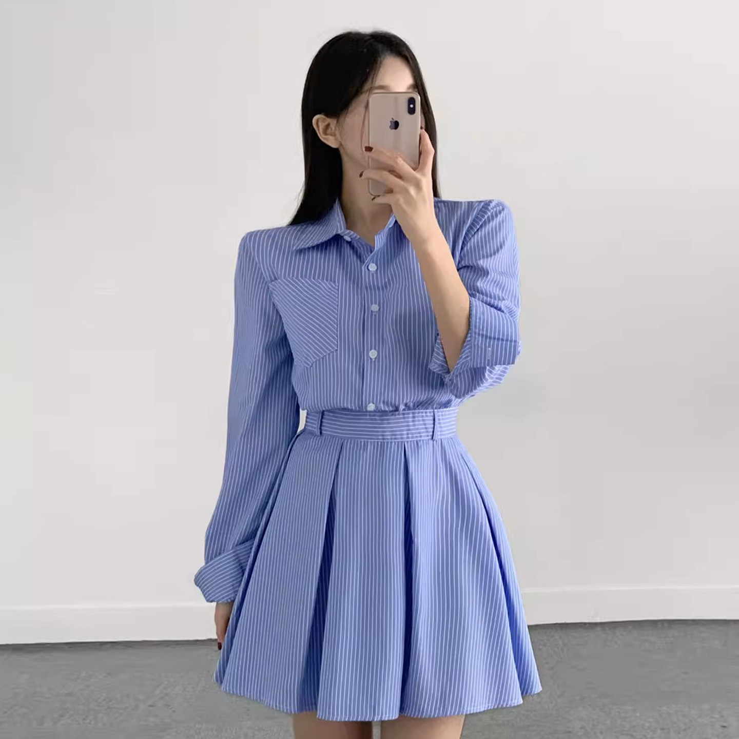 学院风经典条纹翻领收腰百褶连衣裙女早春新款显瘦百搭A字裙短裙,女装/女士精品,连衣裙,淘宝优惠券,粉丝福利购,淘宝优惠卷