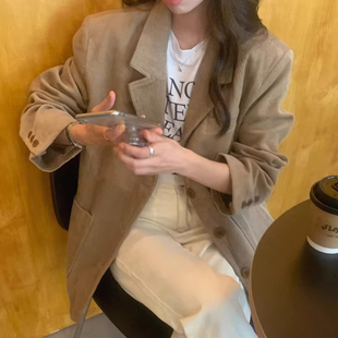 领单排扣宽松百搭长袖 复古西装 纯色灯芯绒外套女 法式 韩国chic秋季