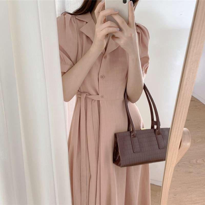 收腰泡泡袖亚麻连衣裙女